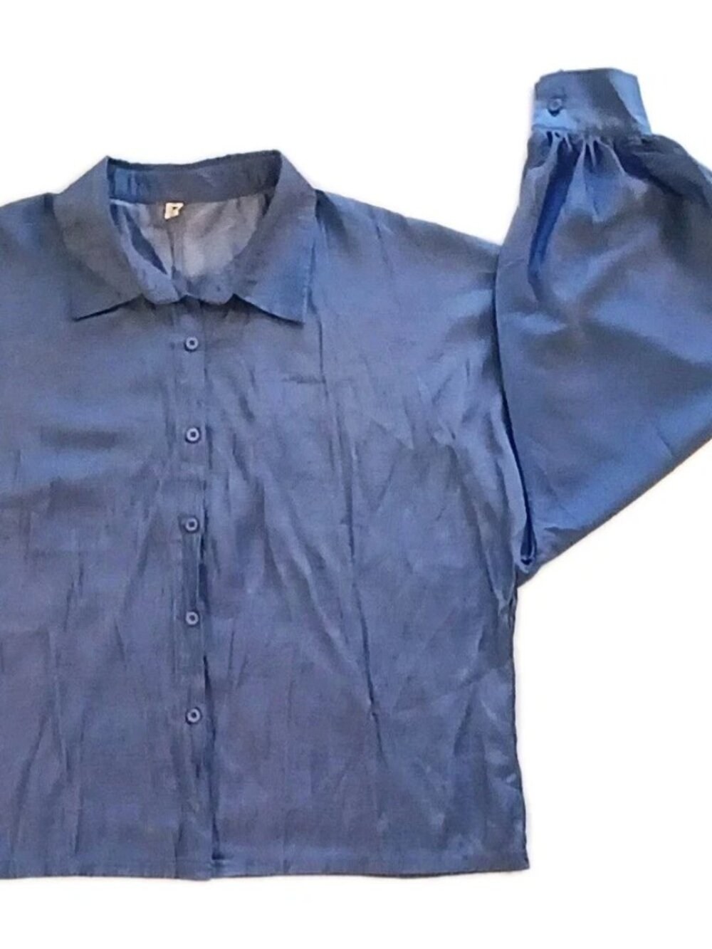 Women 4X Blue Crop Top Blouse Shimmery Long Sleeve Cuffed Button Up Front Ursime